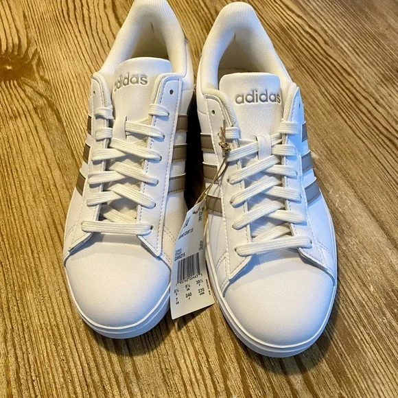 Adidas Court Shoes 2.0 Cloud Foam White Leather Platinum Stripe Comfort Sneakers - Picture 5 of 16